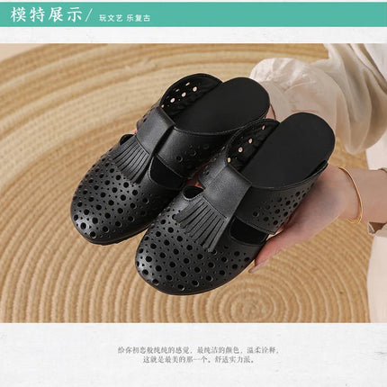 New Women's Breathable Perforated Leather Mules Vintage Tassel Slip on Flats Woman Casual Summer Shoes Hollow Slippers Outdoor