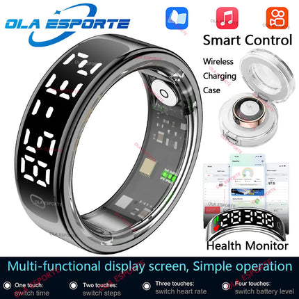 Smart Ring LED Touch Display Screen Health Monitor Gesture Control Wireless Charging Case Sport Waterproof Ring Men Women 2025