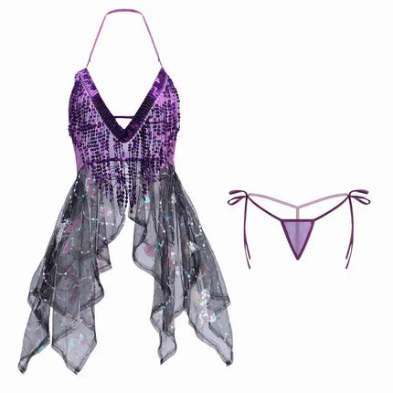 Summer New Women's Sexy Transparent Halter Lingerie Dress Lady Naugty Party Open Crotch Teddy Babydoll Spicy Night Sleepdress