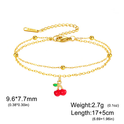 Teamer Enamel Cherry Charm Bracelet For Woman Gold Color Stainless Steel Double Bead Chain Fashion Birthday Friend Jewelry Gift