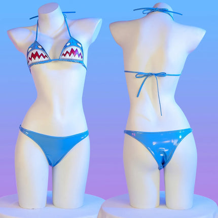 Cute Shark Pool Parry Anime Comics Girl Bikini Swimsuit Gawr Gura Cosplay PU Swimsuit Split Bathing Suit Low Waist Leather Outfi