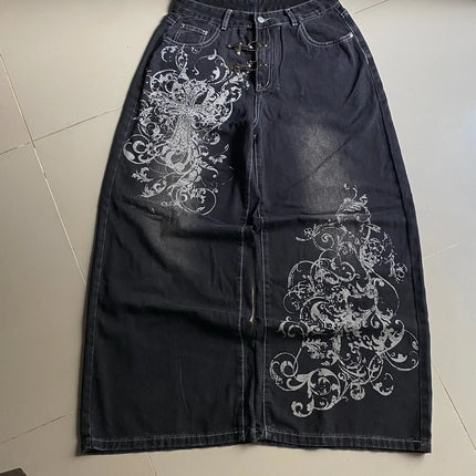 vintage style printing black baggy jeans harajuku trend men women hip hop fashion casual Joker couple Wide-leg pants streetwear