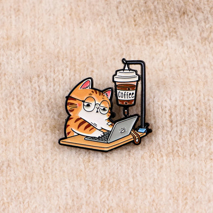 Cute Office Cat Enamel Pin Coffee Brooch Lapel Pins Badge on Backpack Clothing Accessories Fashion Jewelry Friends Gifts