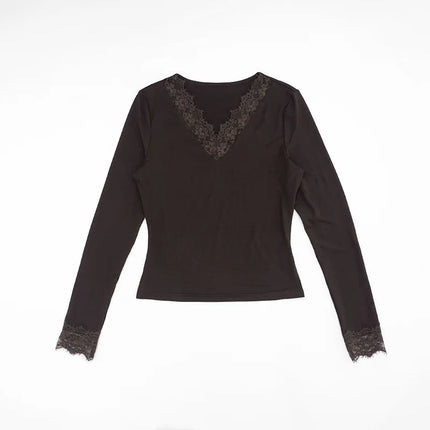 Sexy Lace Trim Long Sleeve T-shirt Solid V Neck Slim Fit Crop Top Fashion Splice Hottie Club Party Top Autumn New Lady Pullover