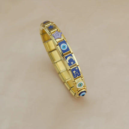 Hapiship Drop Shipping 2024 Moon Star Eye Golden Italian Charm Links Fit 9mm Stainless Steel Bracelet Wholesale Jewelry DJ1373-A