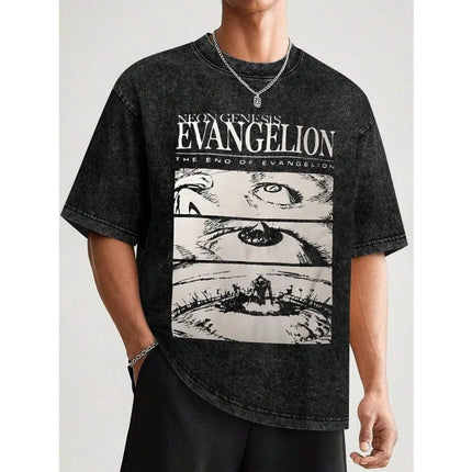 New Century Evangelion EVA Anime Printed Four Seasons Vintage Cotton Washed T-shirt Harajuku Men's Top