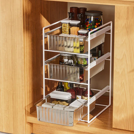 1-3 Tier Under Sink Organizer Pull Out Cabinet Storage Rack Sliding Shelf with Clear Drawers for Kitchen Bathroom Storage Rack