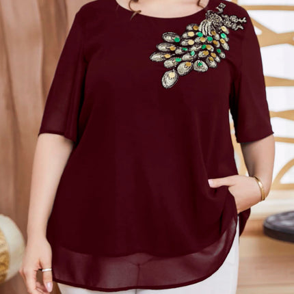 Plus Size Women's Embroidered Peacock Top, Short Sleeve Chiffon Blouse, Elegant Party Wear