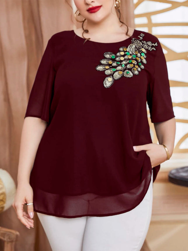 Plus Size Women's Embroidered Peacock Top, Short Sleeve Chiffon Blouse, Elegant Party Wear