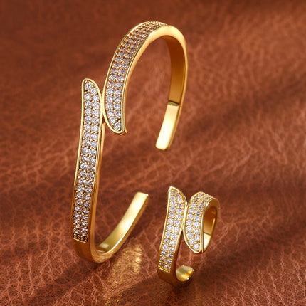 ZAKOL 9 Styles Golden Open Bracelet Ring Jewelry Set Geometric Shiny Zircon 18K Gold Plated Middle East Wedding Party Jewelry