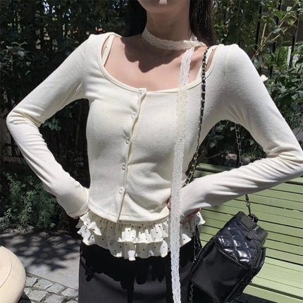 Japanese Y2k Knitted Tops Two Piece Set Vintage Harajuku Button Knit T-shirt Sets Korean 2000s Style Knitwear American