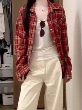 Retro Red Plaid Long Sleeve Women's Shirt Loose Fit Autumn Summer New Style Casual Fashion Open Cardigan Slimming Top Coat