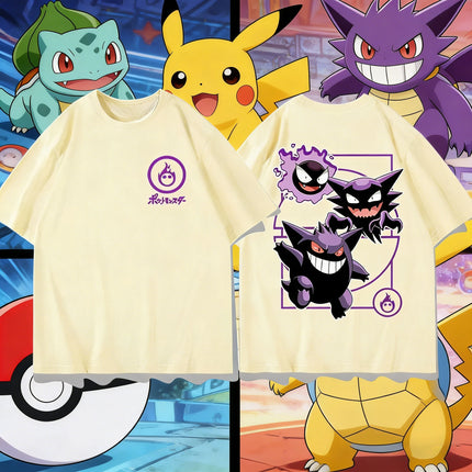 2026 Summer Pokemon Gengar Evolution Double Sided Print T-Shirt, 100% Cotton Loose Oversized Couple & Family Tee & Sports
