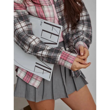 2025 Plus Size Color Block Plaid Shirt: Contrast Notch Collar Blouse with Single Pocket & Straight Hem for Casual Wear