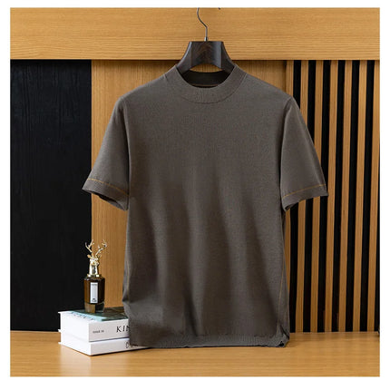 2026 Spring/Summer New Men's Short Sleeved 100% Wool T-Shirt Sweater O-neck Solid Color Loose Knit Pullover Business Casual Tops