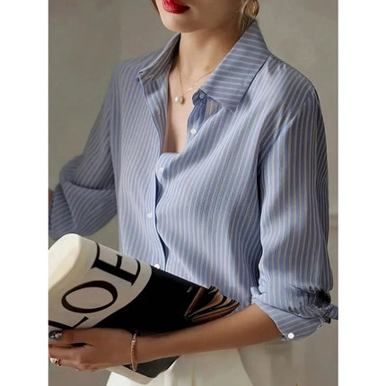 Plus Size 1XL-5XL New Women's Striped Shirt Long Sleeve Blue Shirt Autumn Gentle Chiffon Shirt Top
