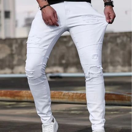 Men White Skinny  Stretch Jeans Spring Casual High Street Fashion Biker American Trend Denim Pants Distressed Hip Hop Trousers