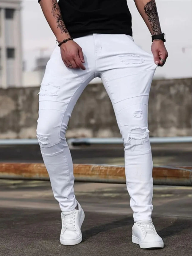 Men White Skinny  Stretch Jeans Spring Casual High Street Fashion Biker American Trend Denim Pants Distressed Hip Hop Trousers