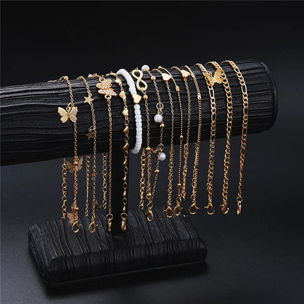 14 Pcs/Set Fashion Metal Butterfly Heart Pendant Anklets Set Bohemia Vintage Pearl Foot Bracelet Beach Woman Jewelry Gifts 2025