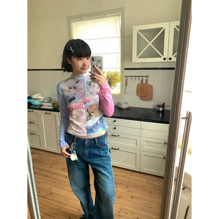Y2k women clothing stitch Vintage Print Long Sleeve Tees Millennial  Dopamine T-shirt Fall Spice Girl Slimming Subculture Tops