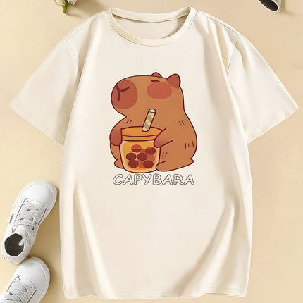 Girls' Trendy Capybara Letter Print Design T Shirts Kids Children's T-shirt Boys Girls Summer Spring Casual Top Tee