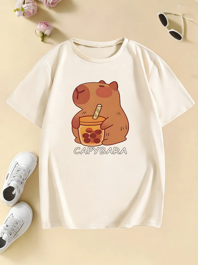 Girls' Trendy Capybara Letter Print Design T Shirts Kids Children's T-shirt Boys Girls Summer Spring Casual Top Tee