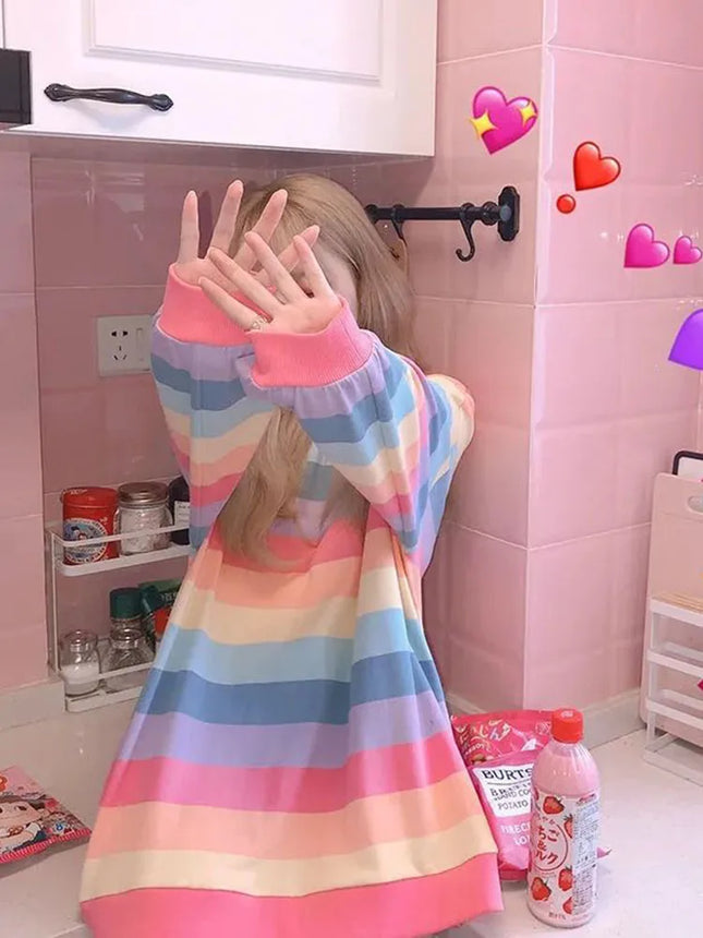 Women's Rainbow Striped Long-Sleeve Hoodless Jacket Harajuku Style Korean Version Loose Thin Shirt for Female Students