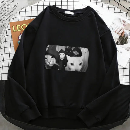 Streetwear Smoking Cat Hoodies Hip Hop Fleece Sweatshirt Soft Breathable O-Neck Pullover Casual Female Clothes
