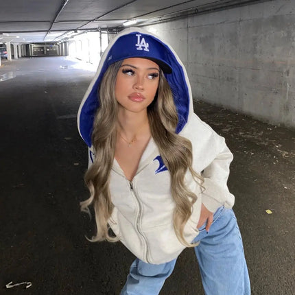 Y2k Zip-Up Hoodies Women Harajuku Grey Goth Grunge Oversized Sweatshirts Letter Embroidery Jacket Coat Kawaii Hip Hop Streetwear
