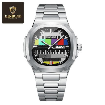 BINBOND Creative TV Dial Men's Watches New Fashion Original Retro Design Luminous Quartz Wristwatch For Men With Calendar Week