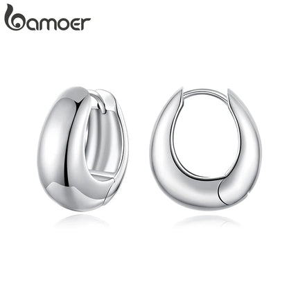 BAMOER White Gold Plated 925 Sterling Silver Post Glossy Hoop Earrings, High Polished Trendy Fashion Jewelry for Women Bijoux