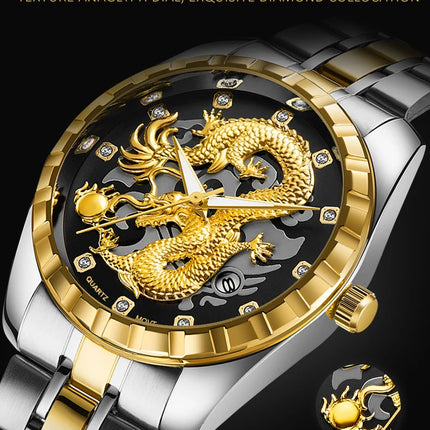 WLISTH Men's Watch 3D Golden Dragon Original Quartz Watch for Men Dragon Dial Waterproof Luminous Date Stainless Steel Watches