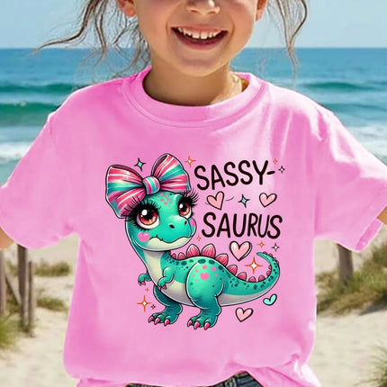 Girls' Kawaii Cartoon Dinosaur Graphic T-Shirt Cute Pink Bow Hearts Print T-Shirt Kids Short Sleeve Tee Y2k Children's Clothing
