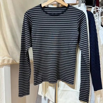 Pink Striped Slim Long Sleeve Tees Women Spring Casual Cotton O-neck Tshirt New Tops Clothes Sweet Cute  Vintage T-shirts Y2K