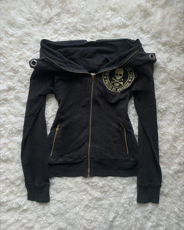 Y2K Gothic Emo Slim Fit Sweatshirt Rivet Zipper Hoodie Harajuku   Vintage Skull Graphic Print White Womens Autumn Winter Jacket