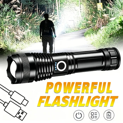 High Power LED Flashlight USB Rechargeable 5 Mode Aluminum Alloy Telescopic Zoom Torch Tactical Lamp for Outdoor Camping Fishing