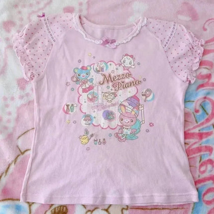 Cute Lolita Tee Women Japanese Harajuku Fairy Grunge Patchwork Tops Y2K Sweet Ruffle Detail Female Daily Outfit