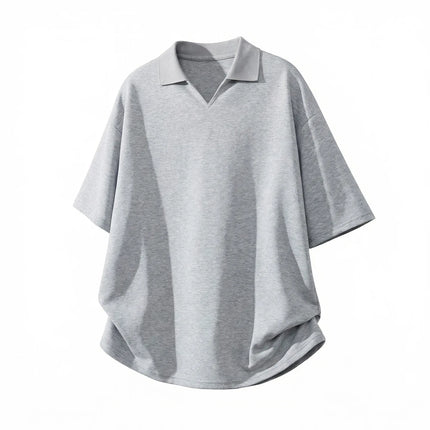 Men's Knitted V-Neck Polo Shirt Retro Solid Short-Sleeved T-Shirt Soft Breathable Loose-Fitting Casual Half-Sleeve T-Shirt
