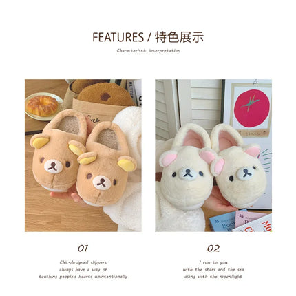 Cute Rilakkuma Unisex Cotton Slippers Warm Indoor Outdoor Anti-Slip Home Shoes Cute Design Winter Wearable for Men And Women