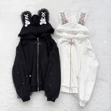 Winter Sweet Cute Rabbit Ears Lolita Coats Women Casual Fashion Bandage Lace Oversized Sweatshirt Y2k Harajuku Hooded Jackets