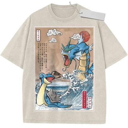 T Shirt Sports T Shirt Short Sleeve T Shirt Multi Color Unisex Pure Cotton Washed Retro Pokemon Gyarados and Lapras Print