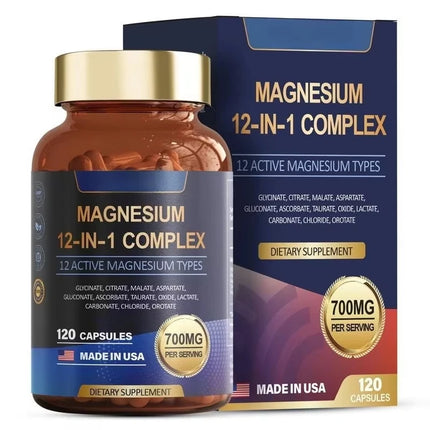Magnesium 12-in-1 Complex Supplement – 700mg Magnesium Glycinate Capsules for Women & Men Muscle Nerve Sleep Support 120 Count