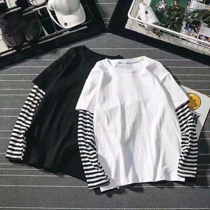 Nouveau Harajuku Noir Blanc Rayé Y2K Manches Longues Couleur Unie T-shirts Hommes Femmes Automne Faux Deux Pièces Manches Longues T-shirt Ample