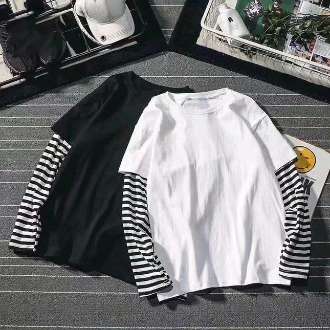 Nouveau Harajuku Noir Blanc Rayé Y2K Manches Longues Couleur Unie T-shirts Hommes Femmes Automne Faux Deux Pièces Manches Longues T-shirt Ample