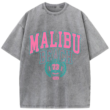 Malibu Beach Washed T-Shirt Women Letter Printing Cotton T Shirt Comfortable Crewneck Tops Casual Oversized Tees Female Clothes