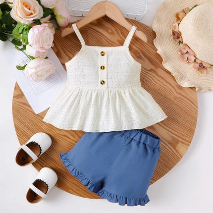 Baby Girl Daily Clothes Outfits Sleeveless Suspender Soft Hollow Top+Shorts 2pcs Summer Clothing Set for Toddlers Girl 0-3 Years