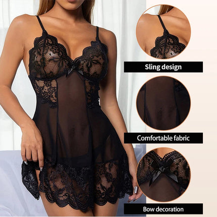 Women's Lace Tight Fitting Clothes Sexy Transparent Pajamas Flower Lace Sheer Dress Sexy Mesh Fabric Dress Pajamas