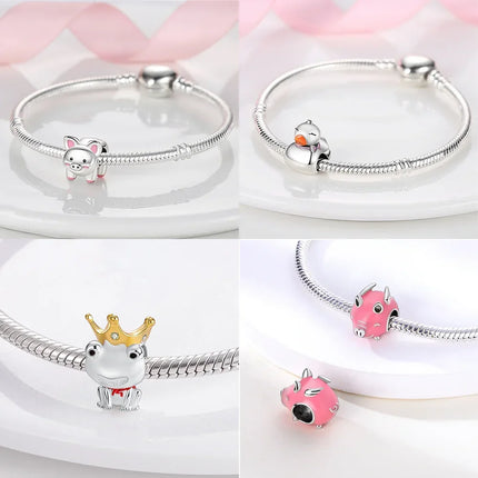 925 Silver Animal Series Snail Lamb Fox Chicken Duck Beaded Pendants Fit Bracelets Necklaces Fine Jewelry Making Gifts