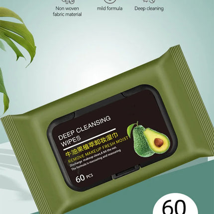 Avocado Makeup Remover Towel - Large Volume 60pcs, 3-in-1 Gentle Deep Cleansing for Eyes, Lips & Face,One-time makeup remover
