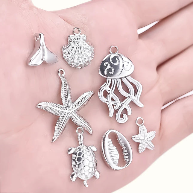 5pcs Stainless Steel Conch Starfish Turtle Charms For Jewelry Making Supplies Ocean Charm Silver Color Pendant Handmade Material